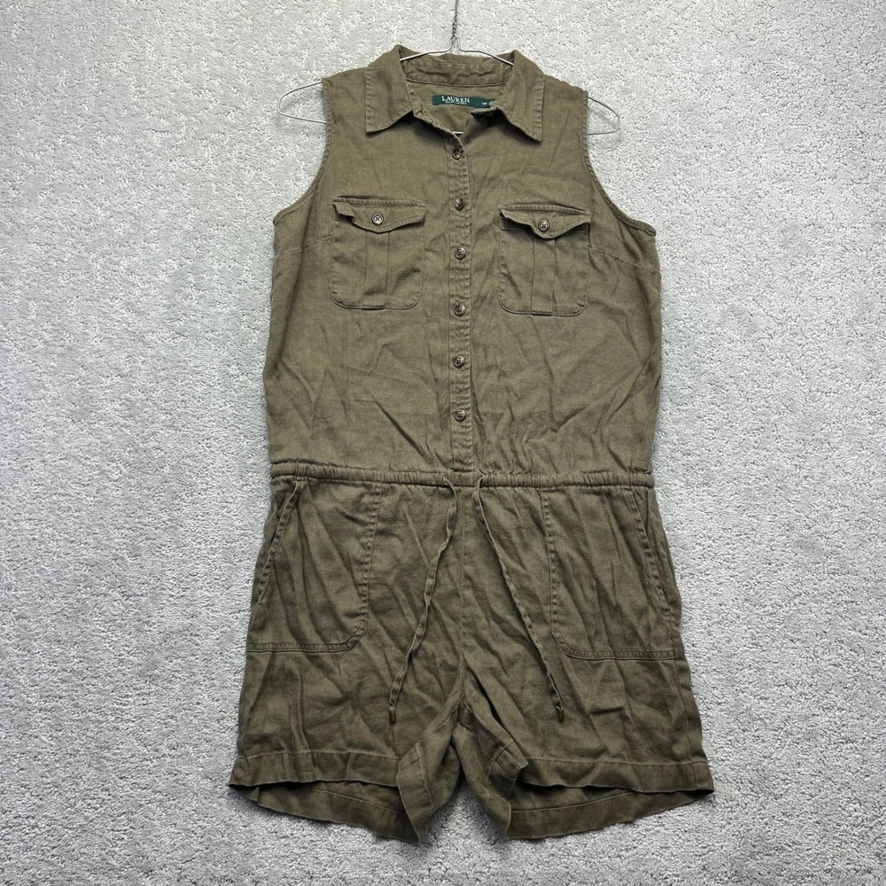 Lauren Ralph‎ Lauren Romper Womens 10P Green Army Olive Sleeveless Linen Blend
